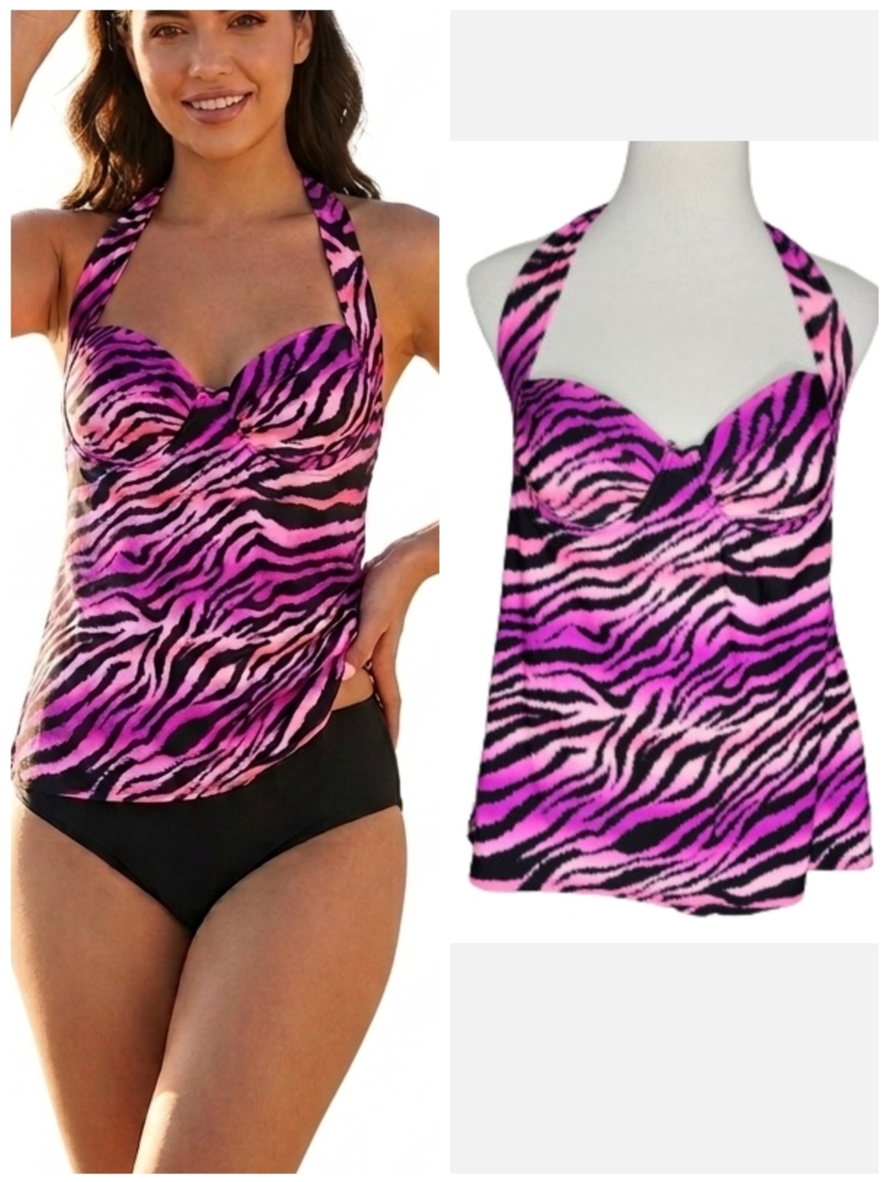 Smart & Sexy Swim women's pink, purple and black halter tankini top size 36C